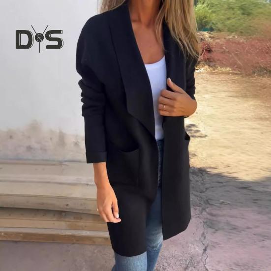 Damenjacke mit Umlegekragen, Taschen, einfarbig, offener Stich, locker, Thermo, langärmelig, Pendeln, Dating, Frühling, Herbst, Wintermantel