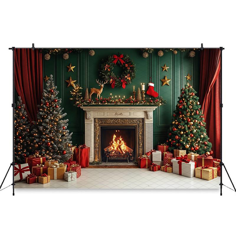 Mocsicka Christmas Photography Background Home Decoration Family Photo Backdrop Room Xmas Tree Fireplace Pattern Shooting Banner