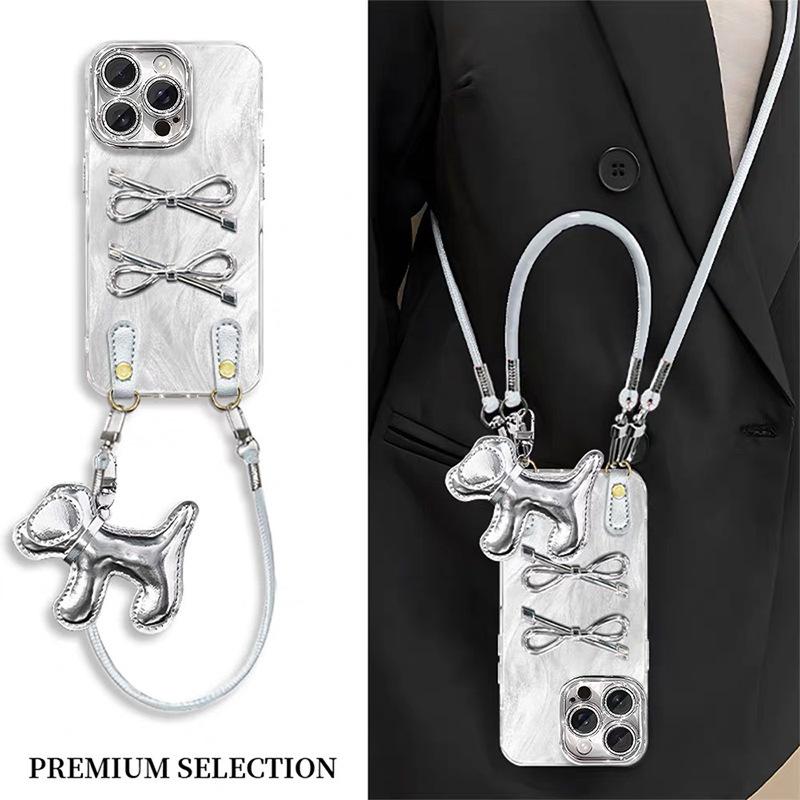 

All Inclusive Anti Fall Bow Phone Case for IPhone 17 Promax Puppy Pendant for Apple 16 Lanyard Crossbody For iPhone 11