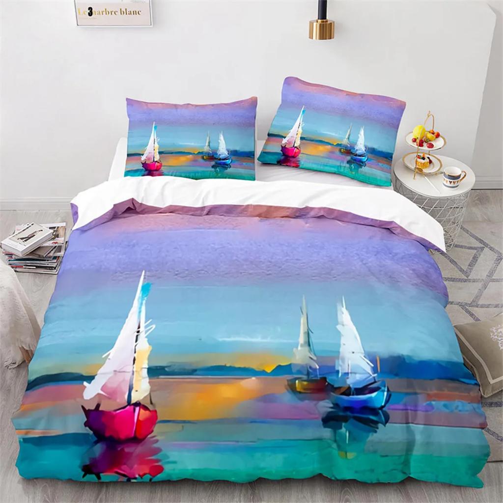 Oil Painting Duvet Cover Abstract Art Print Boat Sunset Animals And Plants Microfiber Landscape Tree Bedroom Decoration Children