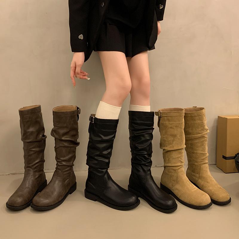 But Knee Long British Knight Boots Retro Western Cowboy Boots Korean Boots Slim Pleated Pile Boots Women