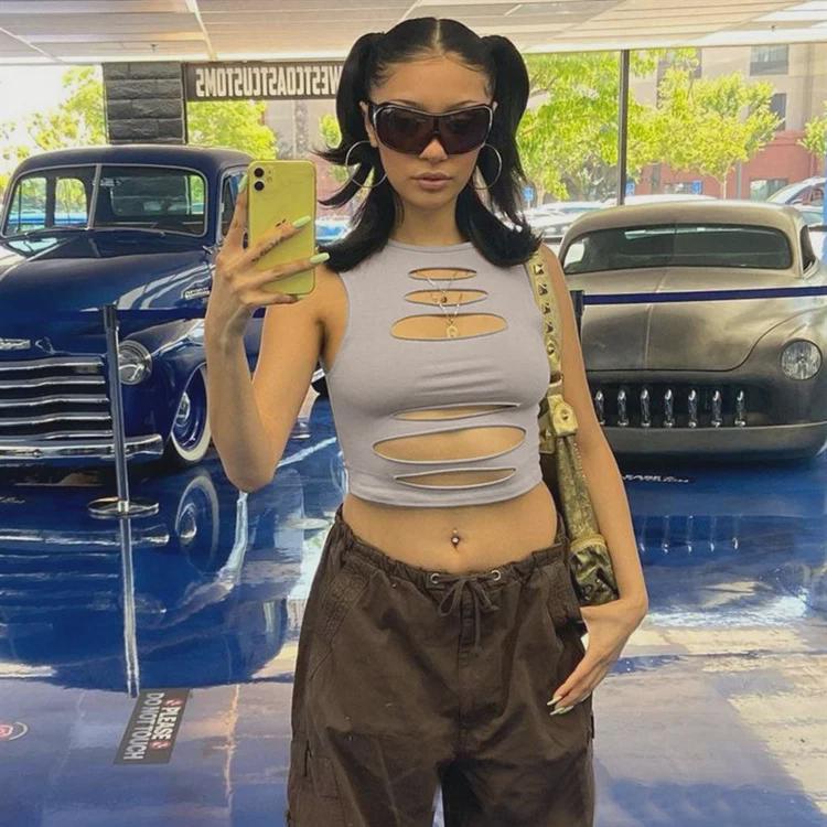 2023 Summer European-American Style Solid Color High Elastic Hollow Vest Crop Top for Women