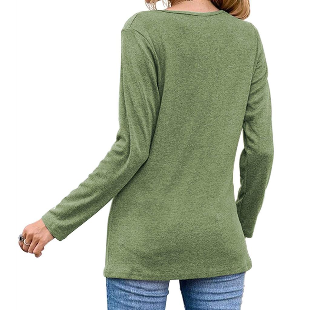 Women's T-shirt, Color, Round Neck, Long Sleeve, Irregular Button, Hem Top