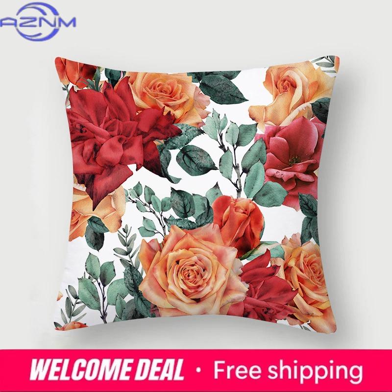 Rose Collection Floral Print Pattern Cushion Cover Home Living Room Sofa Decoration Square Polyester Pillow   Xcm
