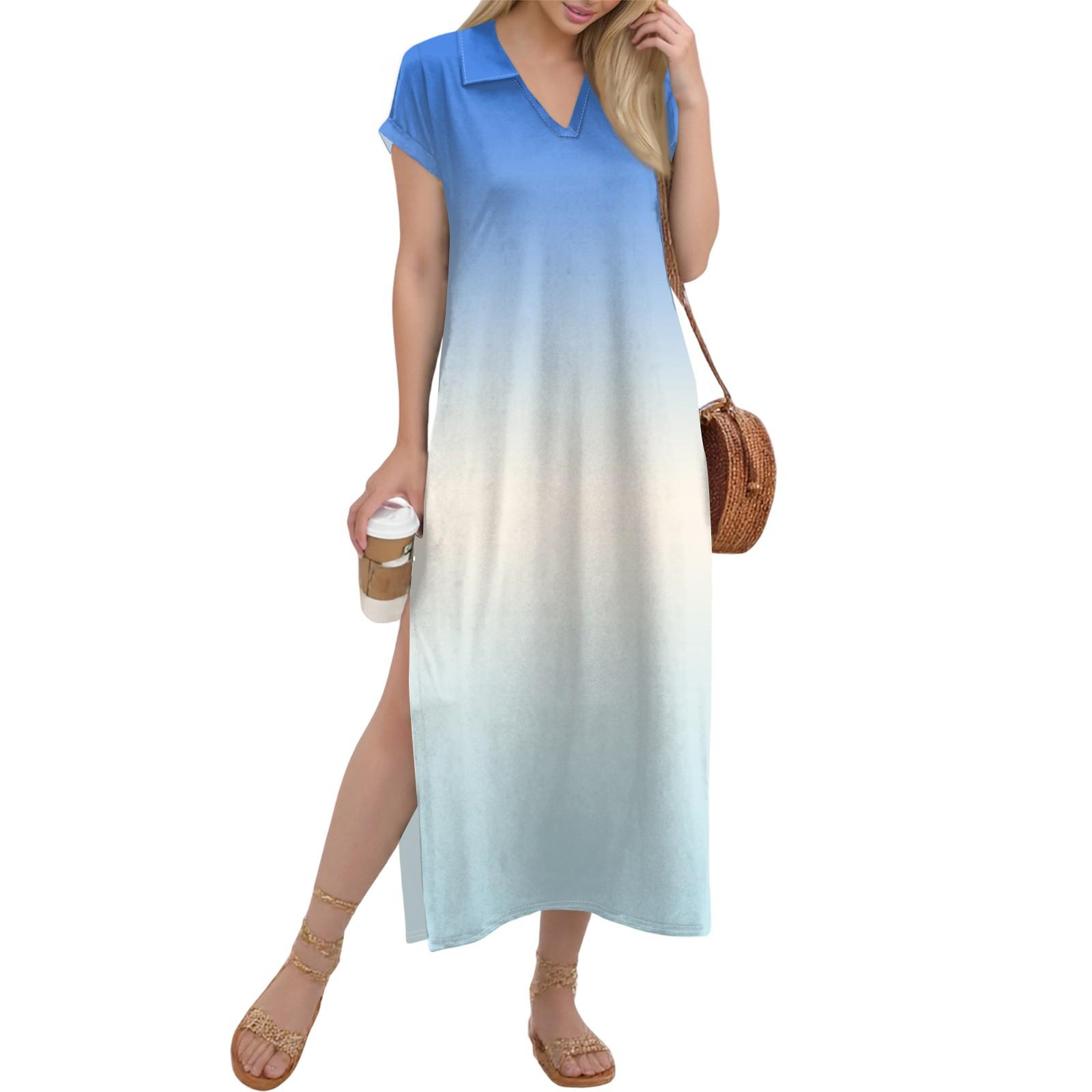 

Женское длинное платье-рубашка с V-образным вырезом, повседневное, с коротким рукавом и свободным разрезом XXL белый