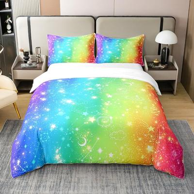 Regenbogen Bettbezug Einzel Galaxy Bettwäsche Set Für Jungen Mädchen Dekor Weltraum Bettdeckenbezug Bunt Sonne Mond Bettdeckenbezug