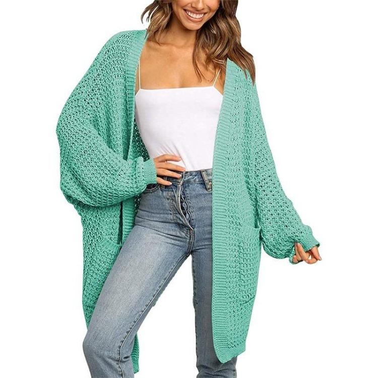 Loose Knitted Cardigan Sweater Winter Long Sleeve Mid Length Pocket Color S зелёный