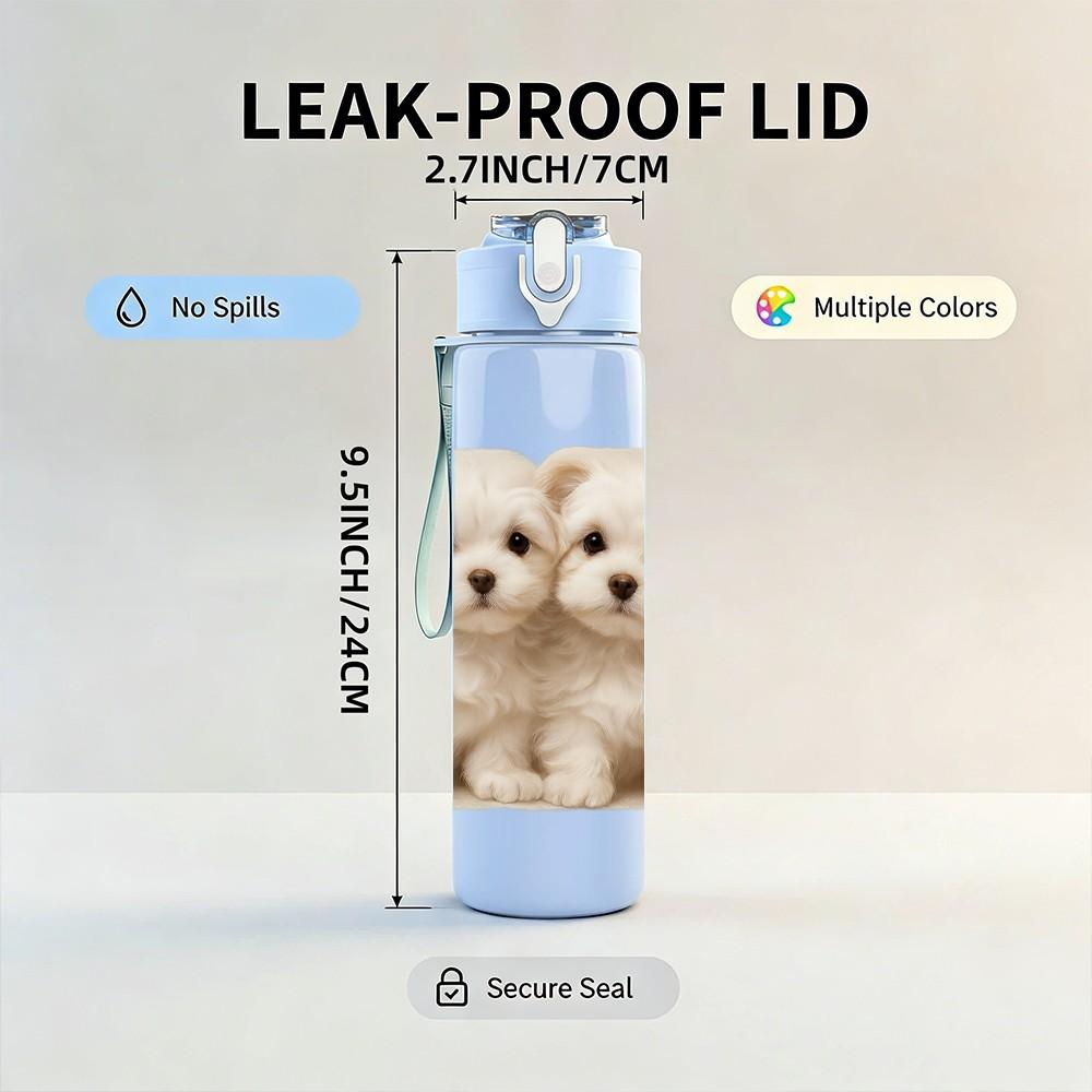 1PC Two Tiny White Puppies 750ml Color Plastic Sports Water Bottle Leakproof Flip Straw Lid Suitable for Sports Office Home Use