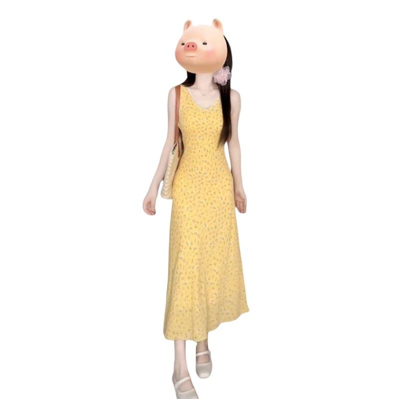 New Yellow Suspender Floral Dress Children's Summer French Temperament Small Seaside Vacation Dress