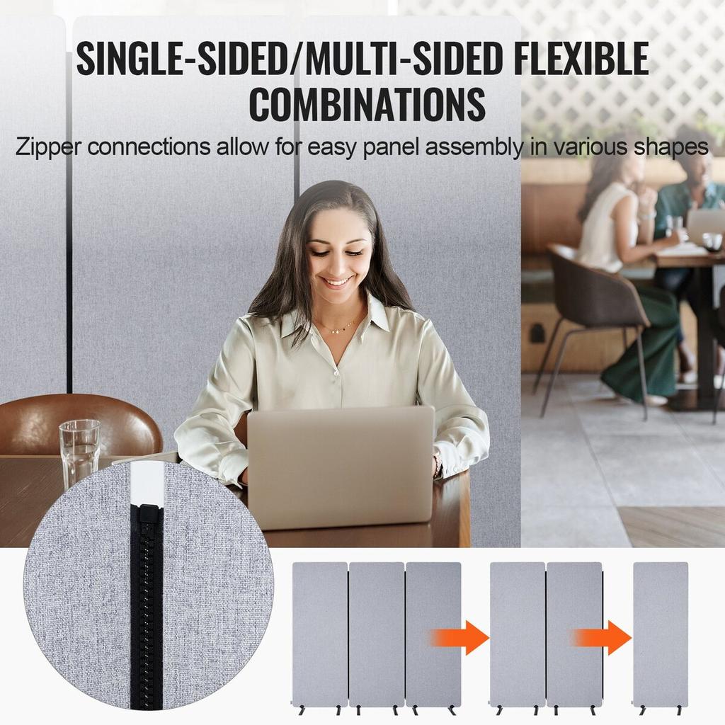 2FT Room Divider 3 Panels PET Polyester Soundproof Privacy Screen Grey