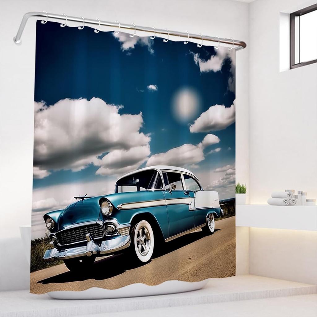 Cool Retro Car Shower Curtain Vintage Antique Car Sunset Cloudy Theme Fabric for Men Boys Bathroom Decor Sets with Hooks Waterproof Washable 72 x 72