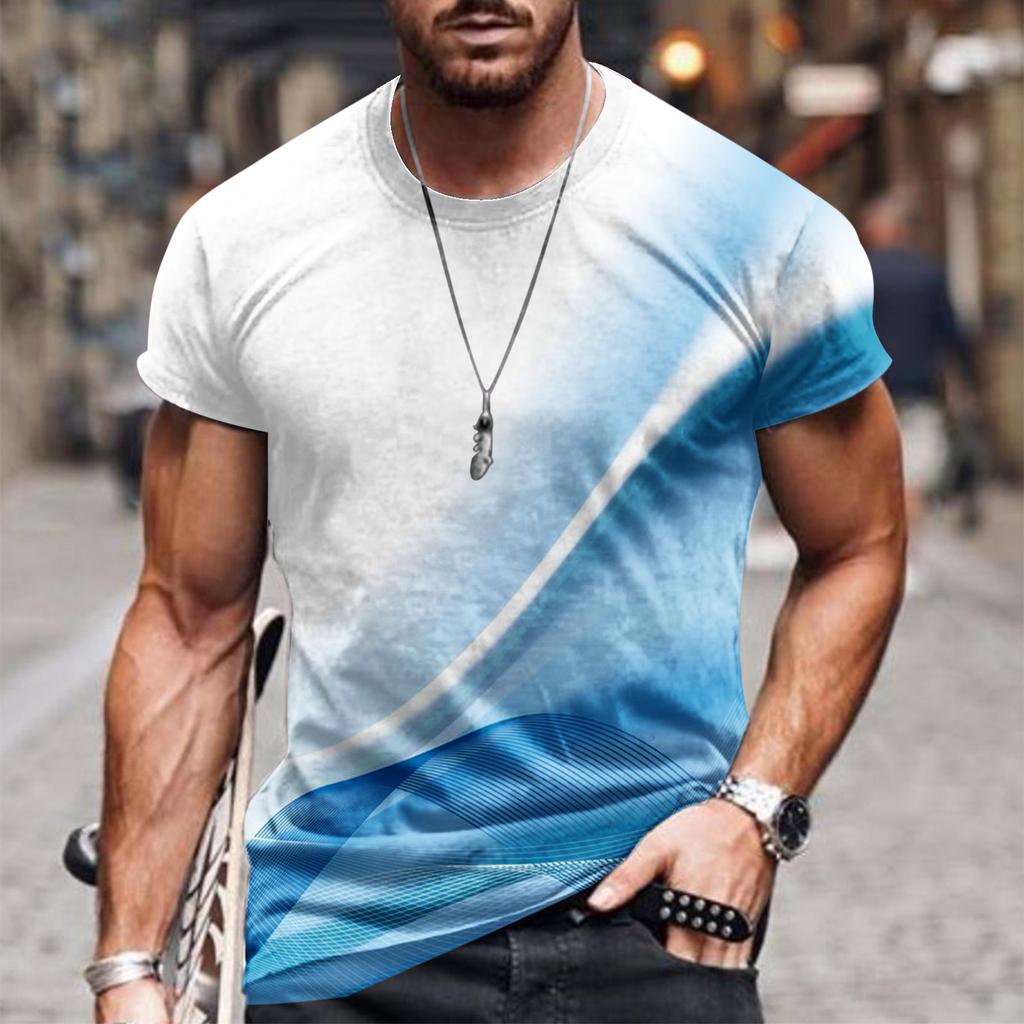 Summer Round Neck 3D Line Print Top Fashionable Casual Short Sleeved Men's T-shirts