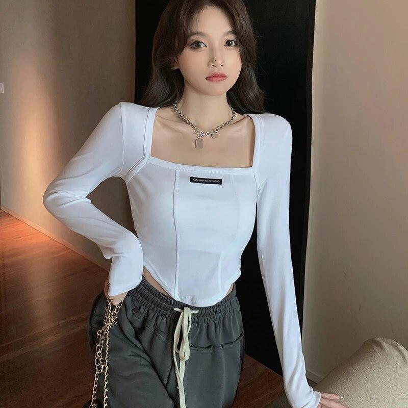 Women's Skinny Blouse Square Neck Pullover T-Shirt Tunic Stylish Long Sleeve Short Length Basic Top Casual Cropped Tops