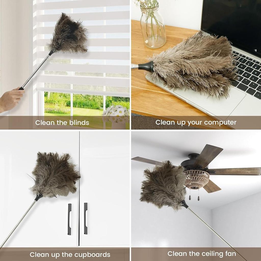 Extendable Ostrich Feather Duster with Nonslip,Handle Retractable Feather Duster for Cleaning Ceiling Fan Pendant Lamp High Ceiling Blinds Furniture