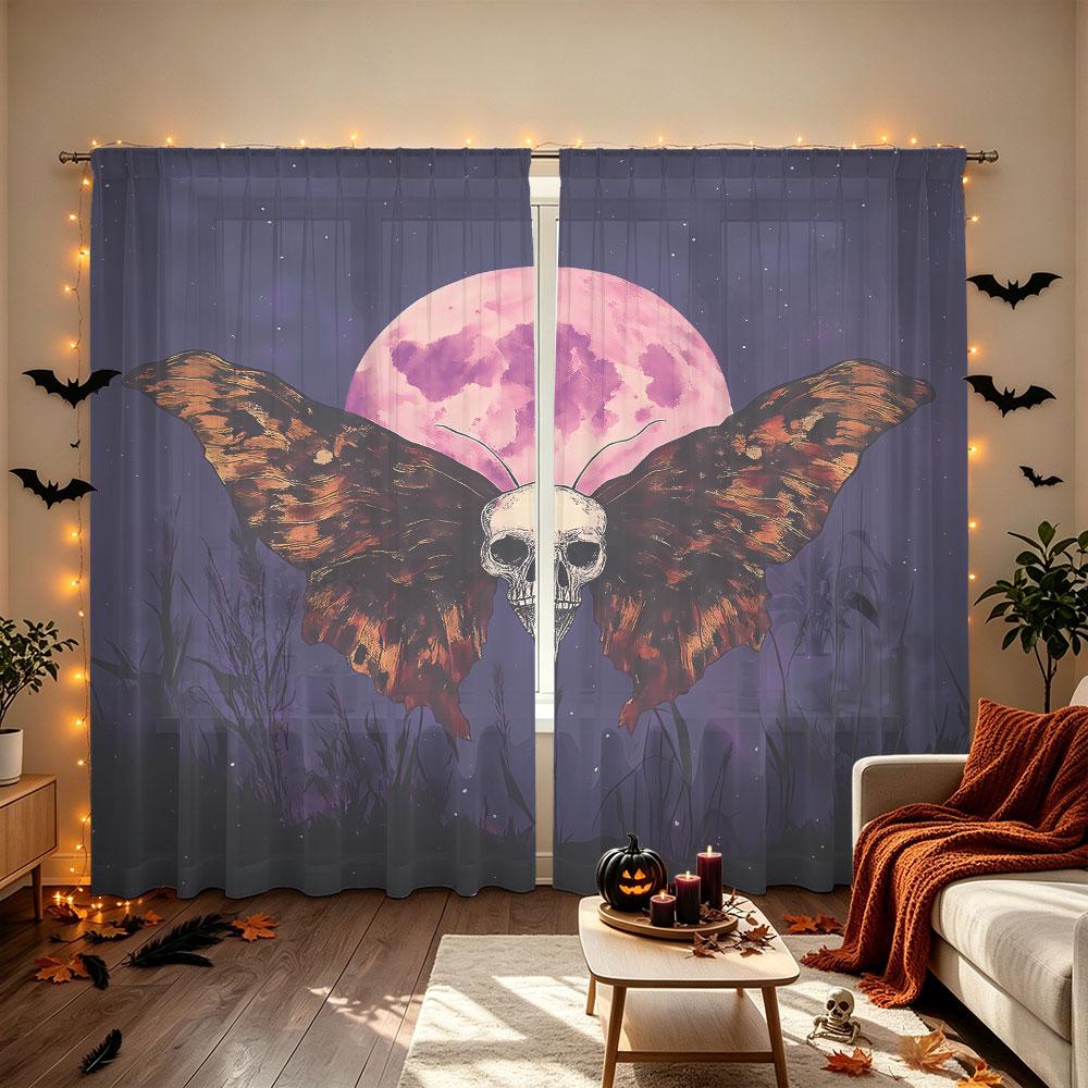 2Pcs Skeleton Moth Moonlight Starry Sky Print Rod Pocket Curtains, Blackout Privacy Window Curtains For Living Room Bedroom,