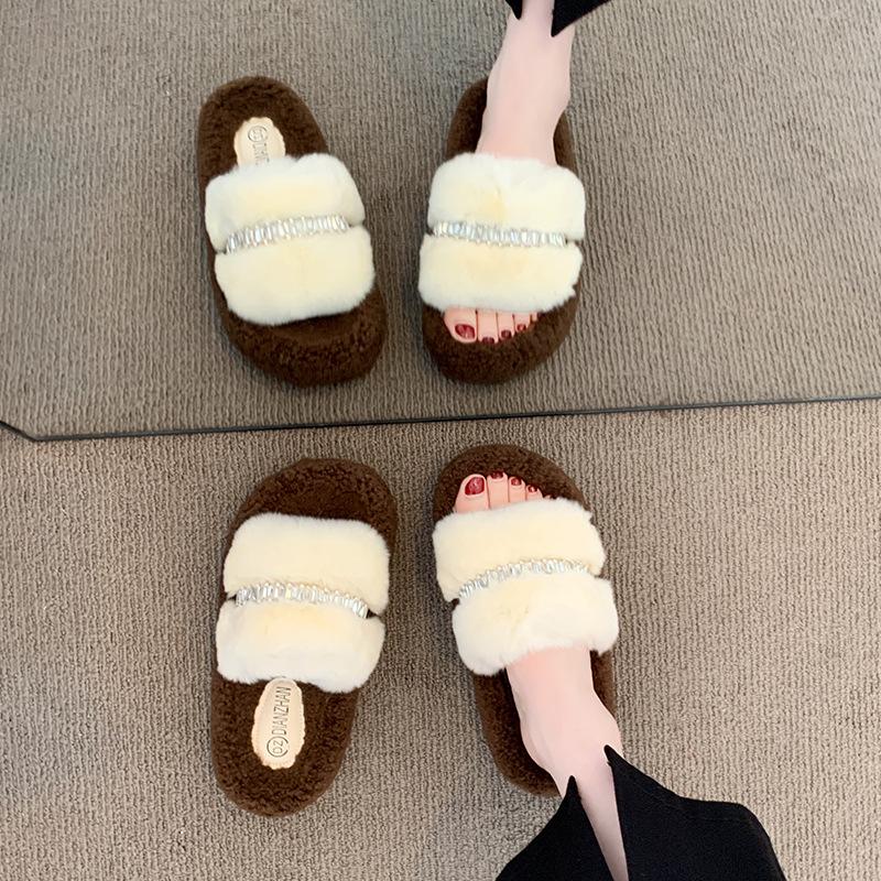 Rhinestone Lamb Wool Slippers Women's 2025 Autumn and Winter New Fashionable Versatile Muffin Thick Bottom Outer Wear One-word Cotton Mop