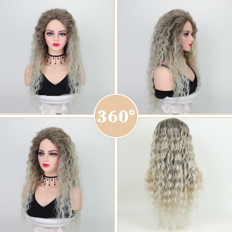 European American Wigs Women African Small Curl Long Chemical Fiber Headgear Gray Gold Partial Wig