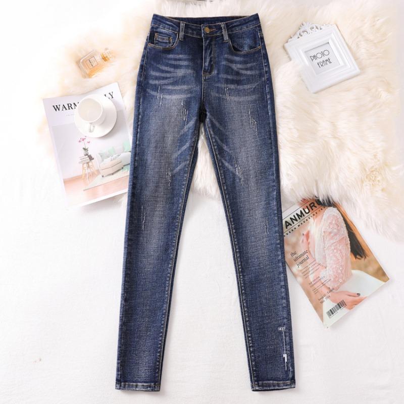 Dimanaf 2025 Plus Size Women Spring Jeans Solid Pants Ripped Denim Female Elastic Basic Blue High Waist Trousers Oversize Fashion Pants 4XL 5XL