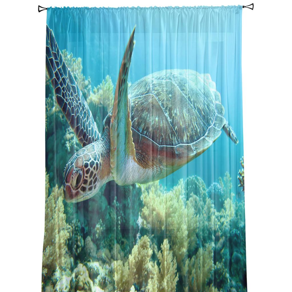 Blue Ocean Green Turtle Tulle Curtains For Living Room Bedroom Decoration Sheer Voile Window Curtains Party Drapes Panels
