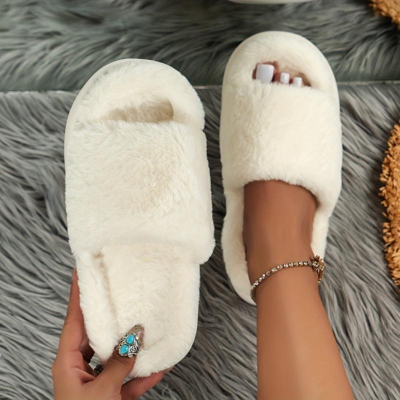Cozy Fluffy Faux Furry House Slippers Single Band Open Toe Platform Fuzzy Shoes Comfy Warm Home Slippers