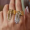 Trendy Stainless Steel Tassel Ring for Women Beaded Pearl Multilayer Stacking Metal Open Ring Elegant Waterproof Finger Zircon
