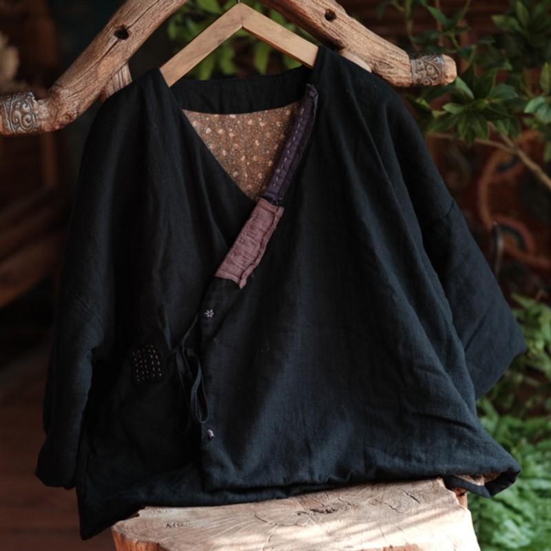 

Johnature Women Vintage Belt Black Coat Autumn V-Neck Long Sleeve Patchwork Chinese Style Coats One Size чёрный