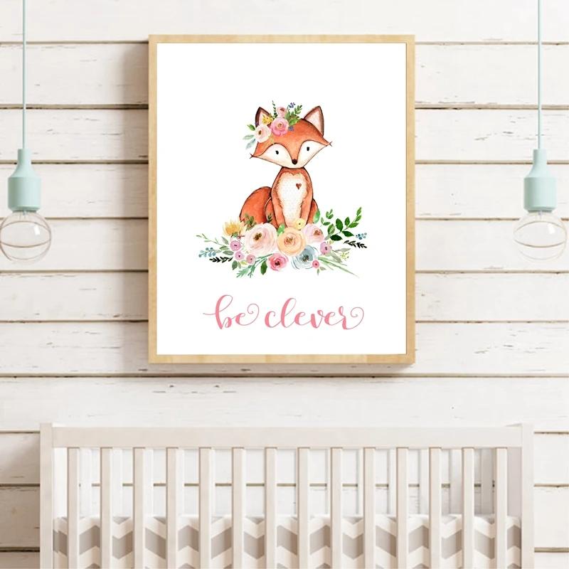 Watercolor Woodland Animal with Flowers Art Poster Prints Canvas Painting Kids Girls Room Bedroom Office Home Wall Decoration