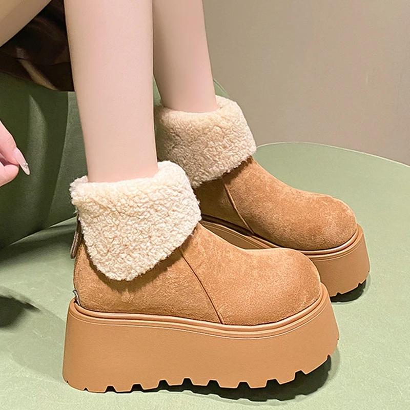 

Ботильоны женские на меховой платформе, замшевые короткие, плюшевые, на среднем каблуке, хлопковые туфли, тренд 2025 года, теплая повседневная зимняя обувь, новые женские ботинки 40 хаки