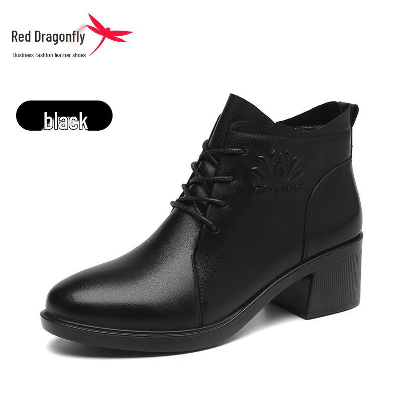 Red Dragonfly Women s Genuine Leather High Heel Short Boots - Thick Sole, Mother Style, Spring/Autumn 39