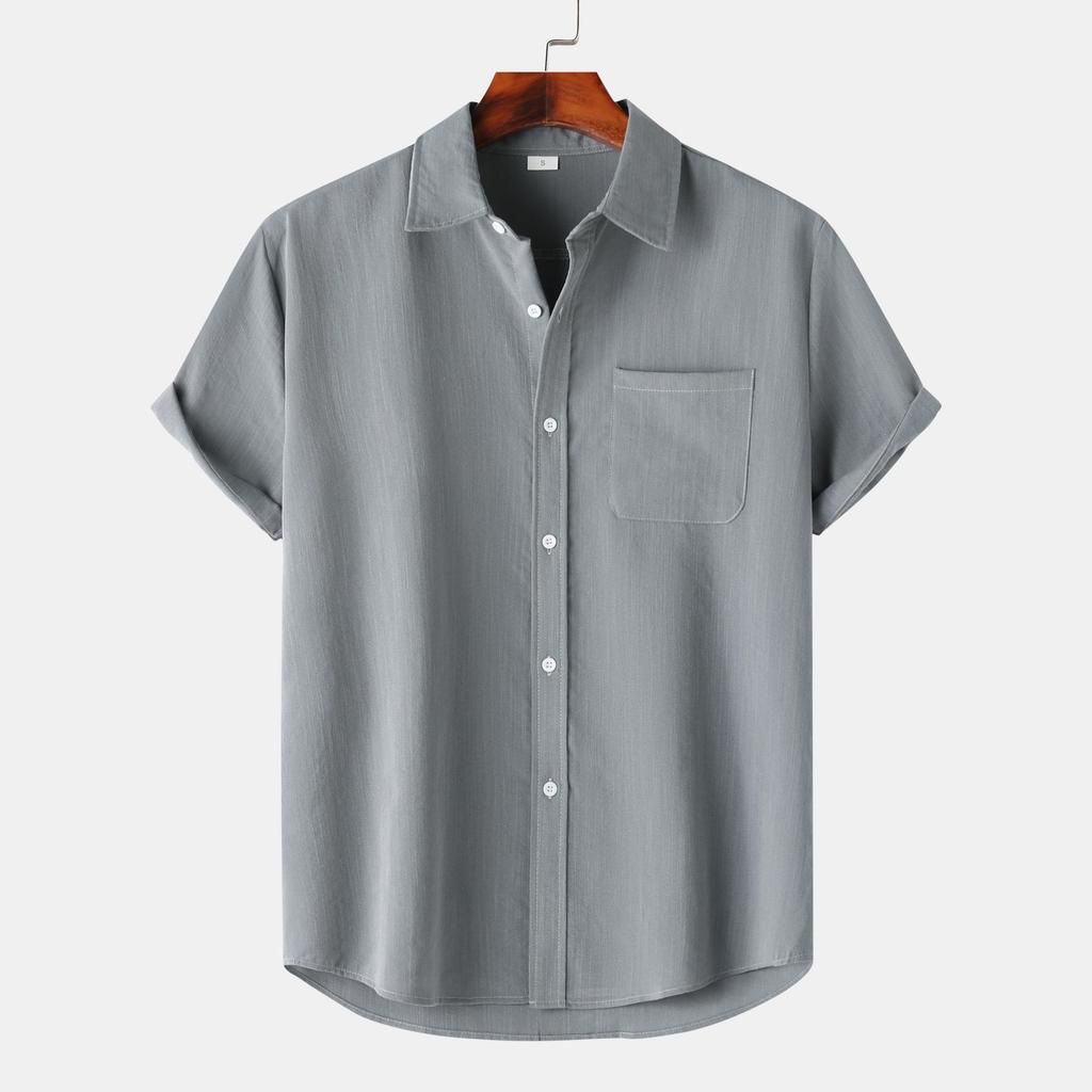 Summer Lapel Solid Color Short Sleeve Button Men's Linen Shirt Men's Clothing
