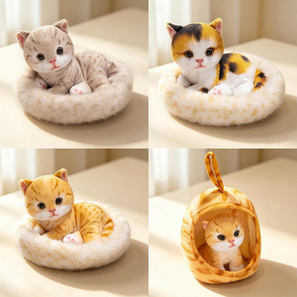 Plush Cat Doll Bed Toy With Realistic Threecolor Feline Design For Kids And Collectors