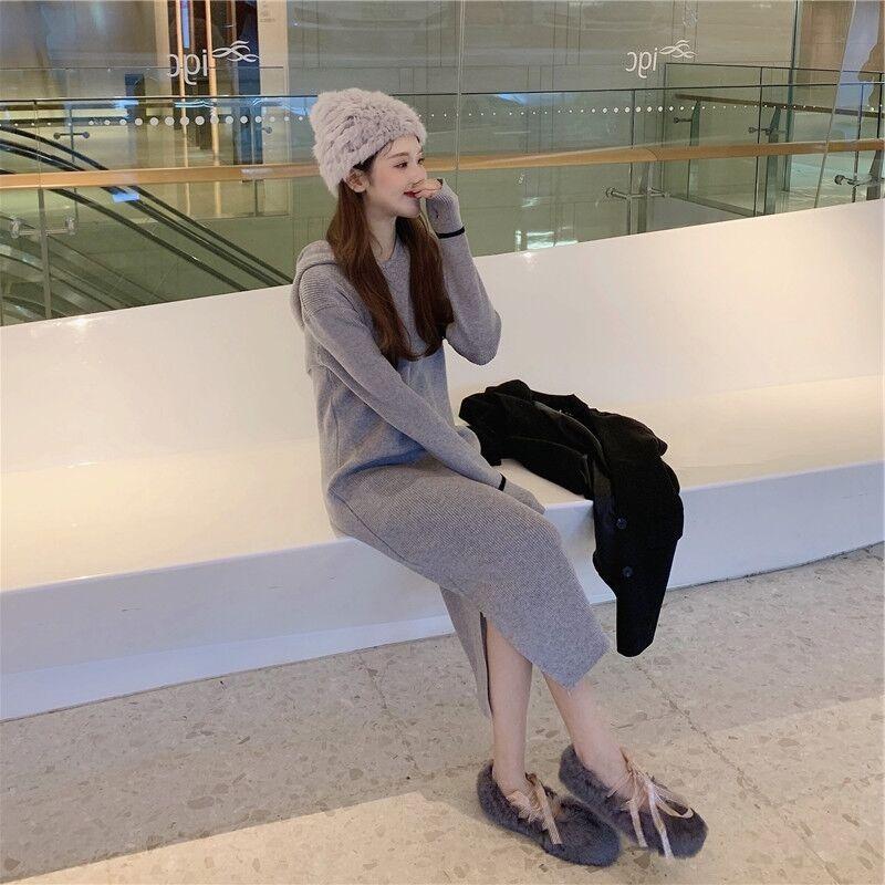 Early Autumn New Hooded Sweater Long Dress Retro Casual Design Niche Knitted Dress Tide