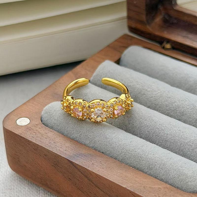 Medieval Vintage Pink Zircon Colored Treasure Open Ring Niche Light Luxury High Sense Stacked With Diamond Rings Woman