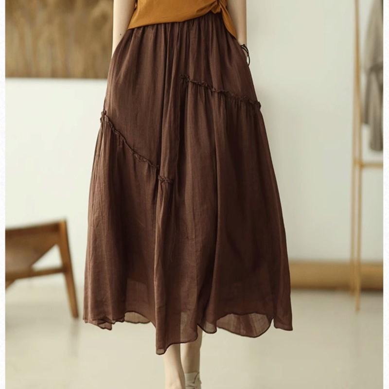 Johnature Women Patchwork Vintage Skirts Elastic Waist Solid Color High Quality Cloths Soft Women A-Line Skirts