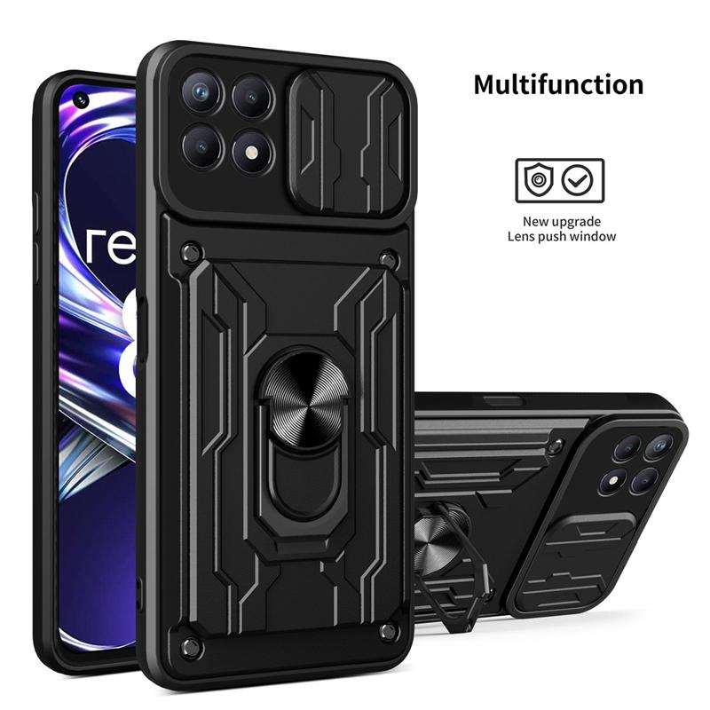 

Чехол-картхолдер с выдвижной камерой и кольцом для телефона для OPPO C21Y C11 C31 C35 9 8 Pro 8i 9i A5 A9 A53 A52 A54 A74 A94 4G Противоударный бронированный чехол военного класса Realme 8i чёрный