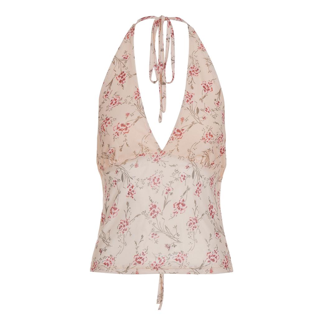 French retro romantic floral print deep V vest women's lace-up halter holiday wind neck sling