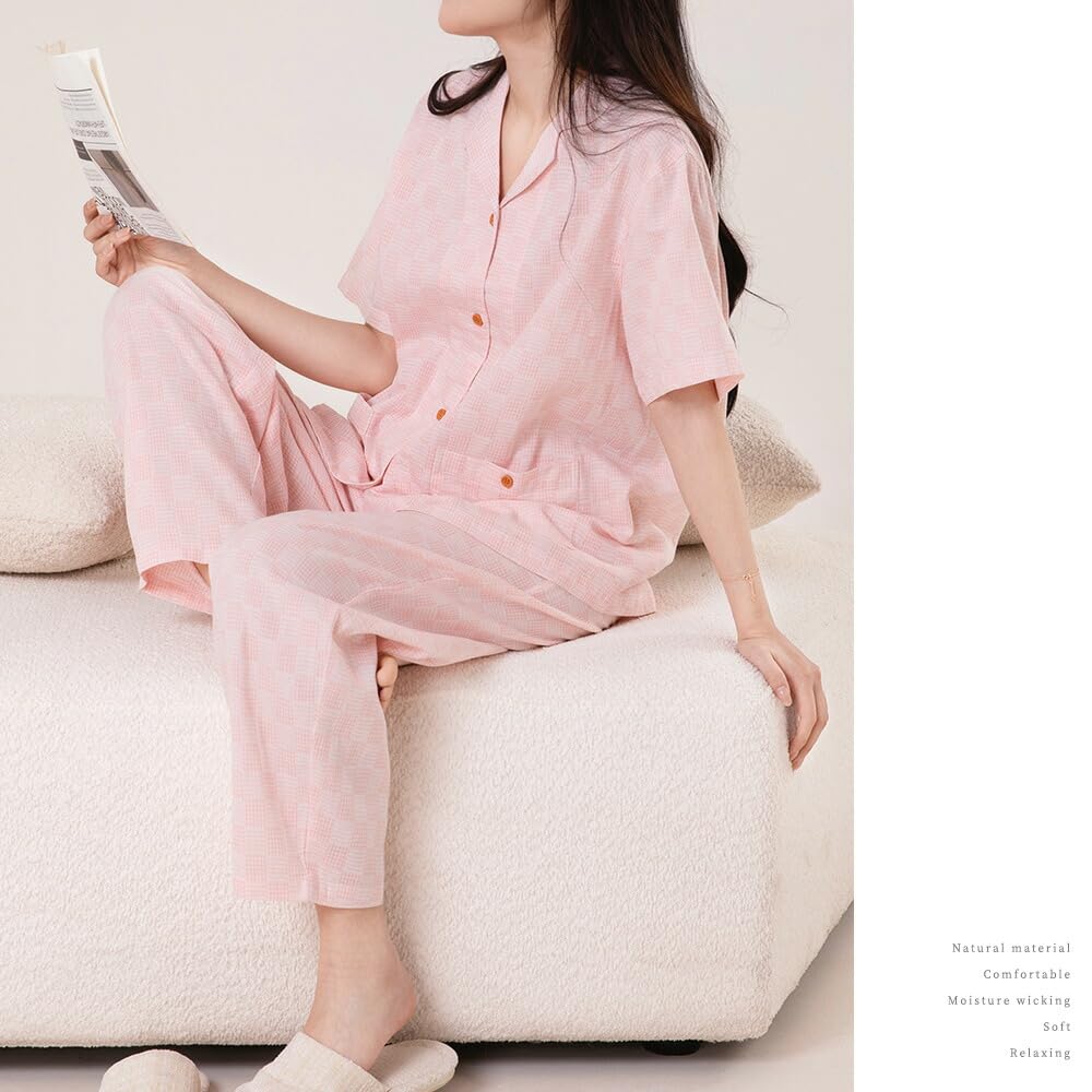 Yes Family Double Gauze Pajama Short Check Size M Women's Set, 100% Cotton, Sleeves, Pattern, Pink,