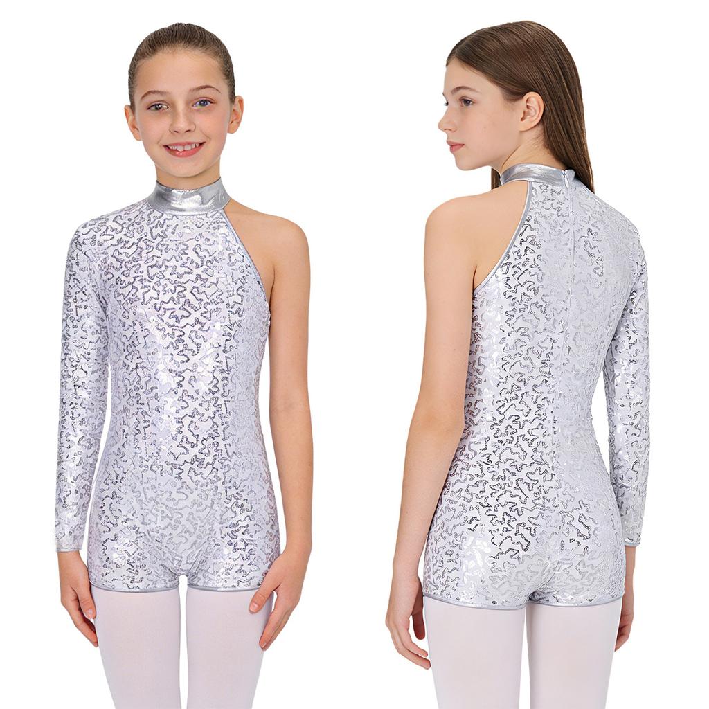 Kinder Mädchen Single Lange Ärmel Glänzende Pailletten Tanz Gymnastik Kurzen Overall Bühne Leistung Kleidung