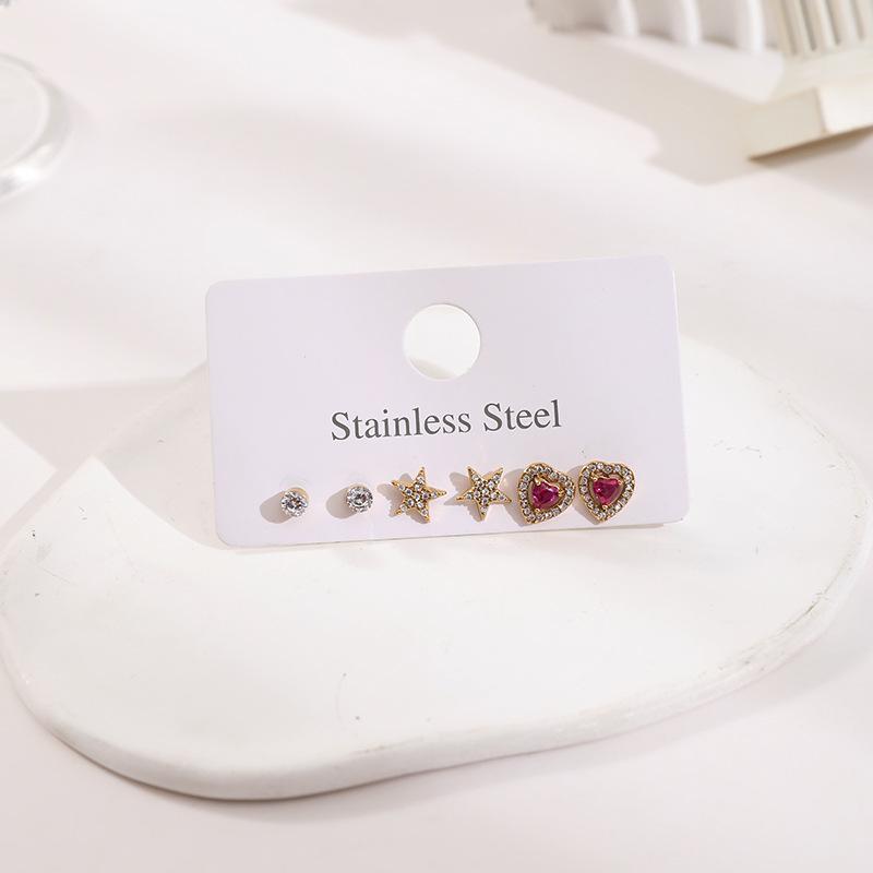 Stainless Steel Stud Earrings Set with Zirconia: Butterfly, Star, Heart & Four-Leaf Clover Designs