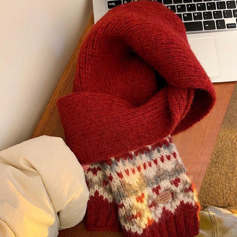 Fair Isle Green Knitted Wool Scarf Women's Winter Christmas Atmosphere Thickened Versatile Warm Cold-Proof Neck Warmer