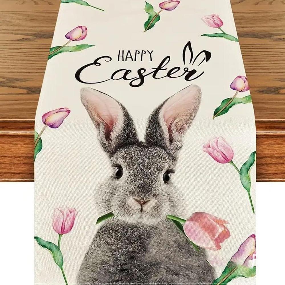 Linen Easter Tablecloth Egg Bunny Placemat New Happy Easter Table Runner Kitchen