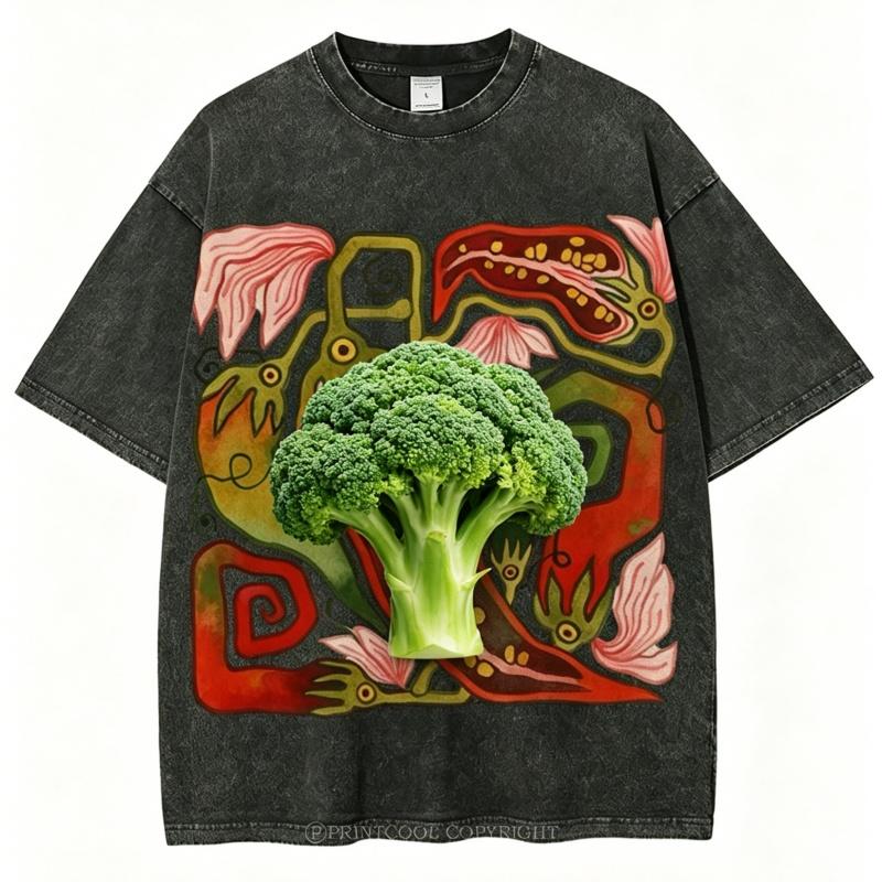 Vintage Washed Vegetable Art Graphic TShirt Boho Abstract Print Oversized Unisex Streetwear Tee Casual Tops for Men Women