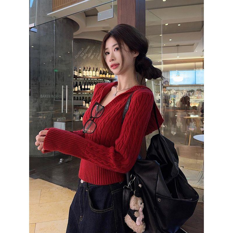 Kumikumi Stylish Gray Elegant Chic Hooded Long Sleeves Knitwear Women's Clothing Autumn Slimming Easiest for Match Tops