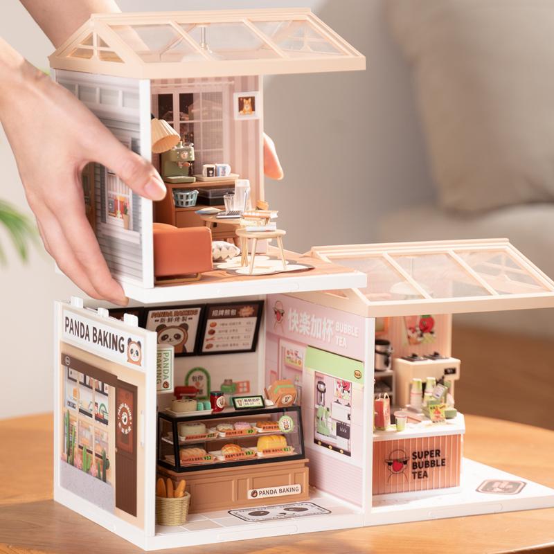 Robotime Rolife 3D Puzzle Super Store Cozy Living Lounge Plastic DIY Miniature House Kit LED Building Blocks for Adults Women