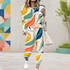 Women Plus Size Colorful Printed Round Neck Long Sleeve Cuffed Top And Pants Two Piece Set