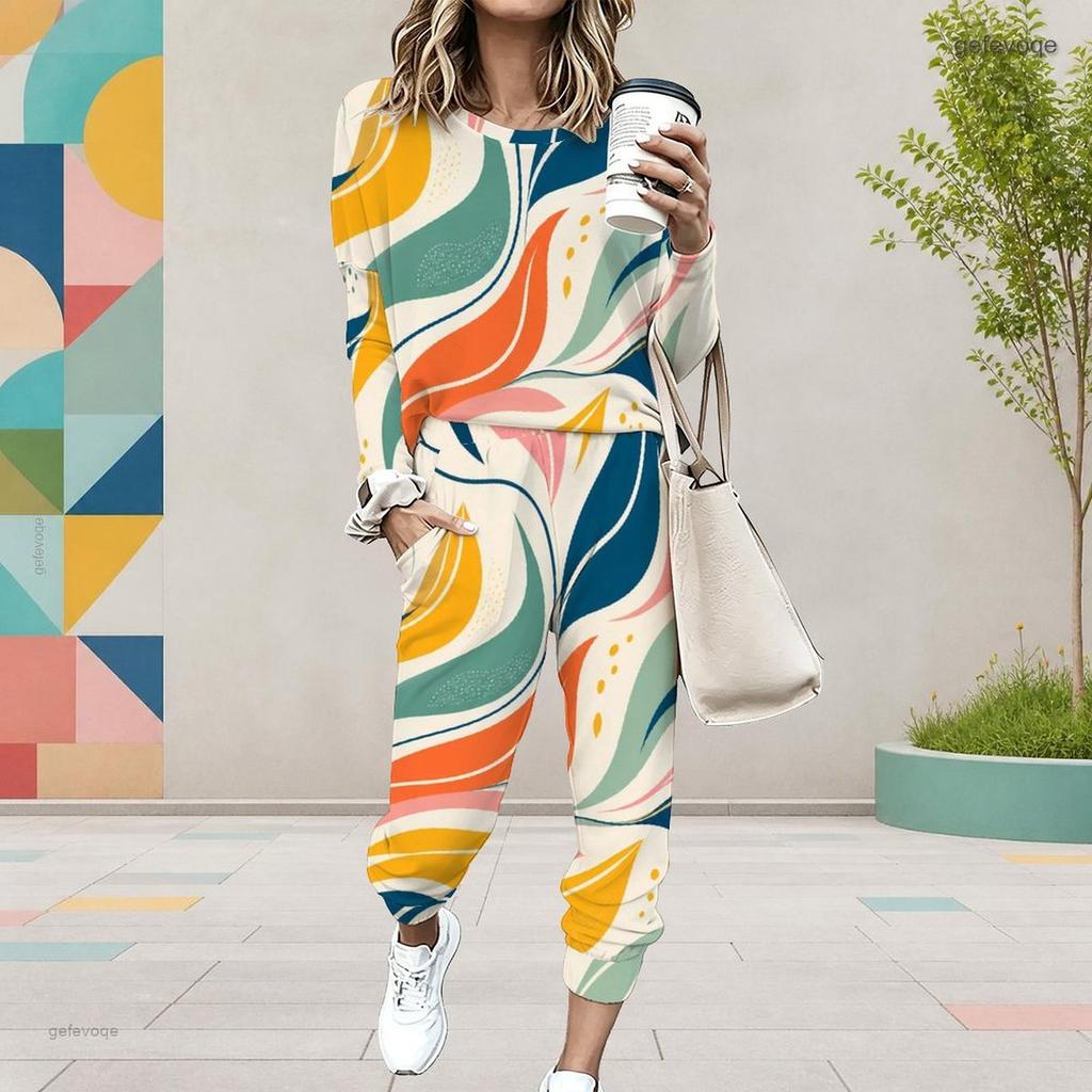 Women Plus Size Colorful Printed Round Neck Long Sleeve Cuffed Top And Pants Two Piece Set
