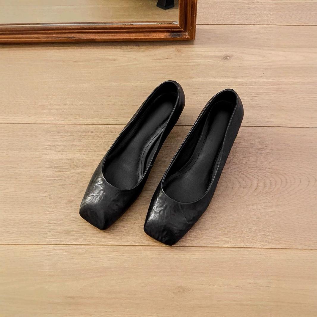 

Sheepskin version~ Minimalist retro leather high heels women s one-pedal square head versatile shoes literary shallow mouth single shoes 40