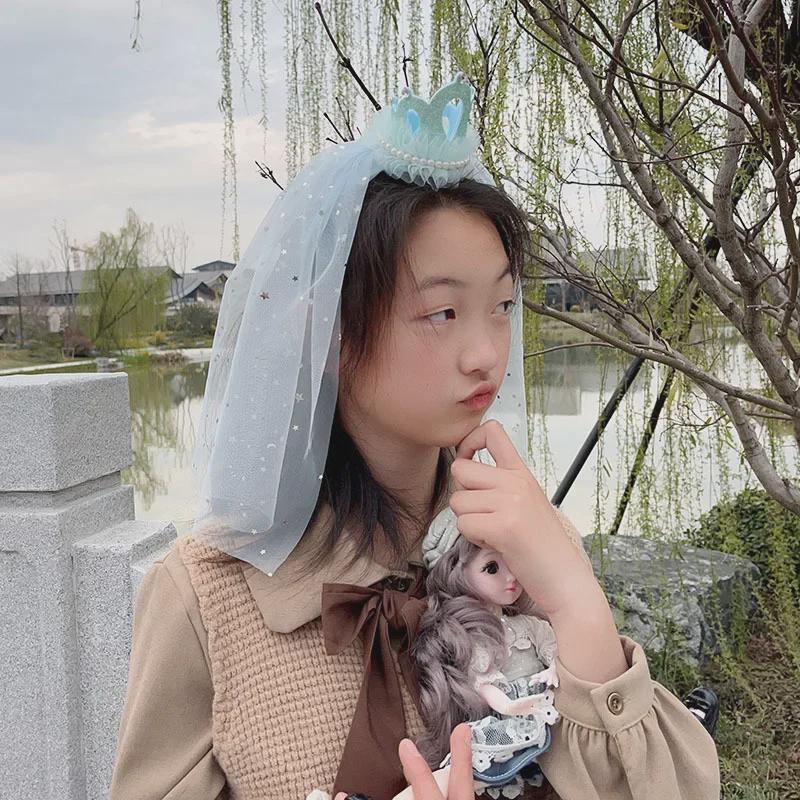 Koreanische Prinzessin 3D Krone Stirnband Schleier für Geburtstagsparty & Blumenmädchen
