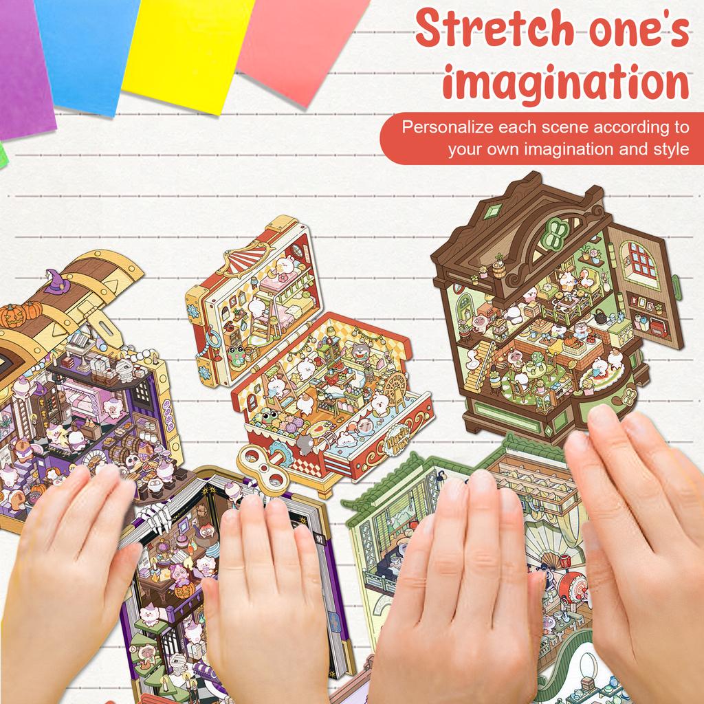 12/8Pc DIY 3D House Stickers Set Cartoon Miniature Scene Stickers Painting Stacking and Pasting Hand Account for Kid Girl Gifts