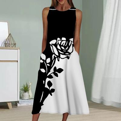 Zomermode Sexy Mouwloze Jurk Zacht Casual 3D Zwart-Wit Rozen Print Jurk Mouwloze Sling Jurk